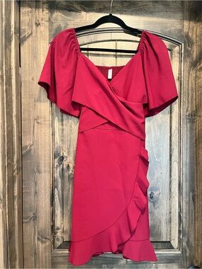 Red Flutter-Sleeve Wrap Dress - Women